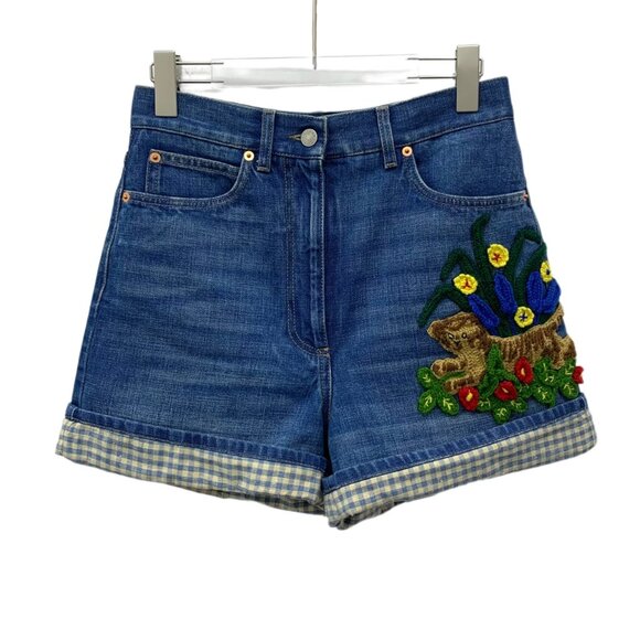 FW0058 Gucci Blue Tiger Floral Embroidery Cotton Casual Denim Shorts Size 26 - Picture 1 of 8